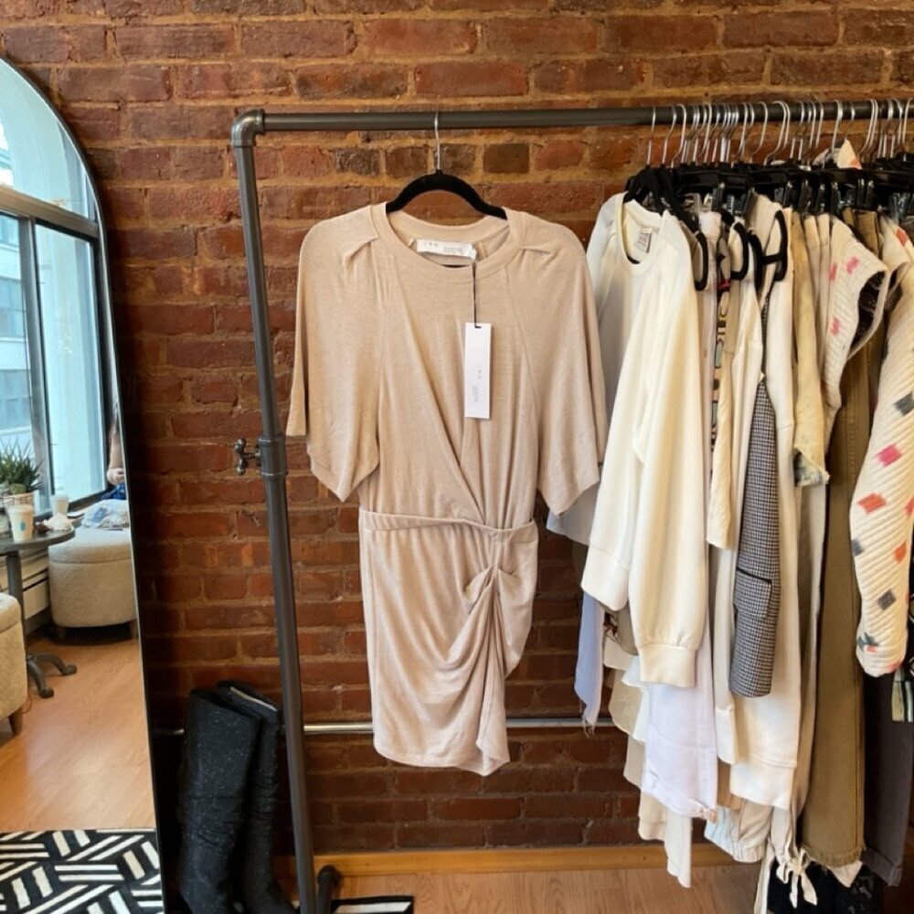 IRO Paris Beige/Stone Mini Lounge Dress Short Sleeve Linen Elastic Waist Band - Picture 1 of 3